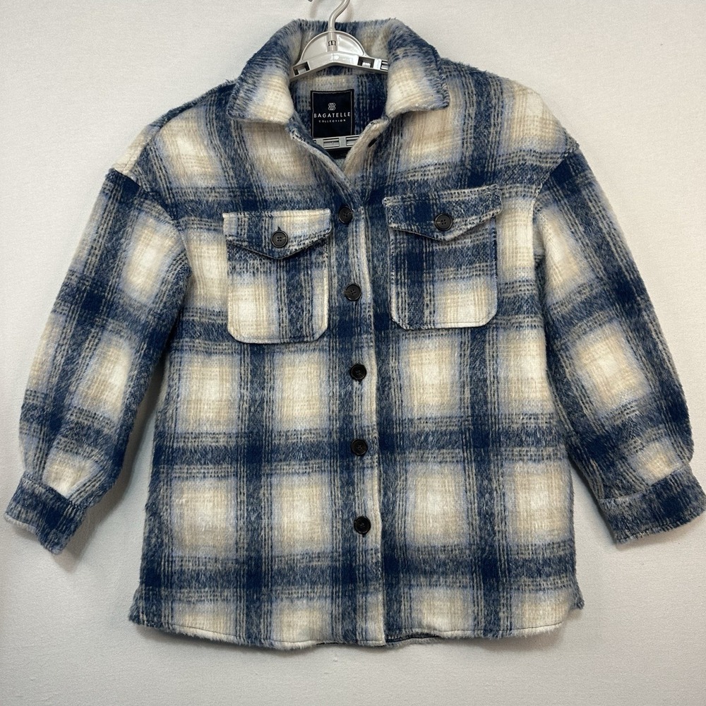 Bagatelle Collection Jacket Women's‎ Sz Small Blue Plaid Pockets ButtonUp Shaket